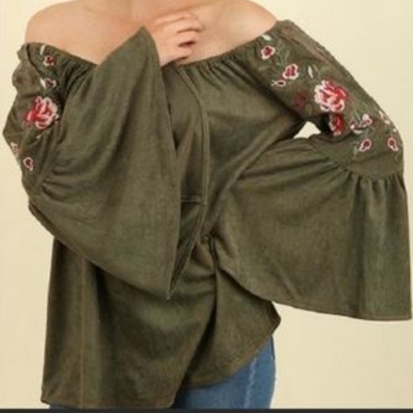 Umgee Tops - Umgee Olive Green Floral Embroidered Bell Sleeve Oversized Top